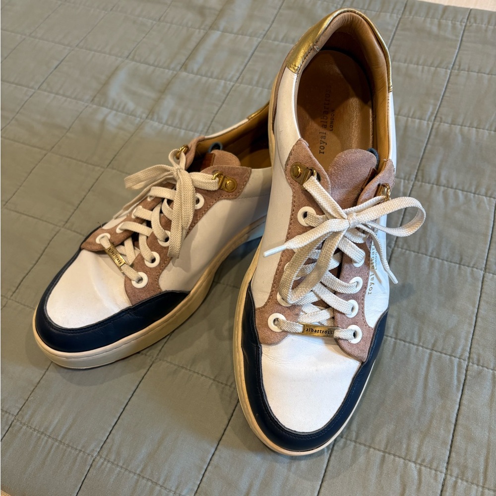 Royal Albatross: White and Navy Sneakers with Gold Accents